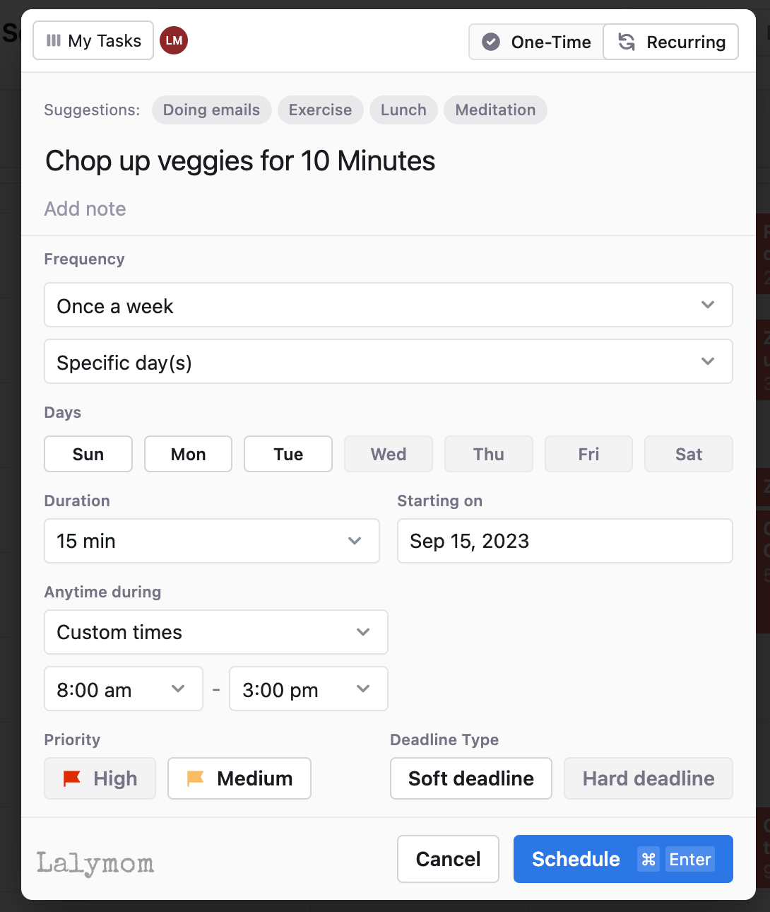 Screenshot of Motion AI Calendar App, adding a task called Chop Up Veggies for 10 Minutes