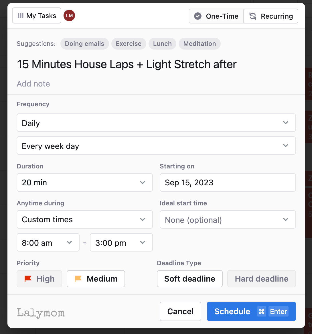 Screenshot of Motion AI Assistant, entering a task reminder called 15 Minutes House Laps + Light Stretch after.