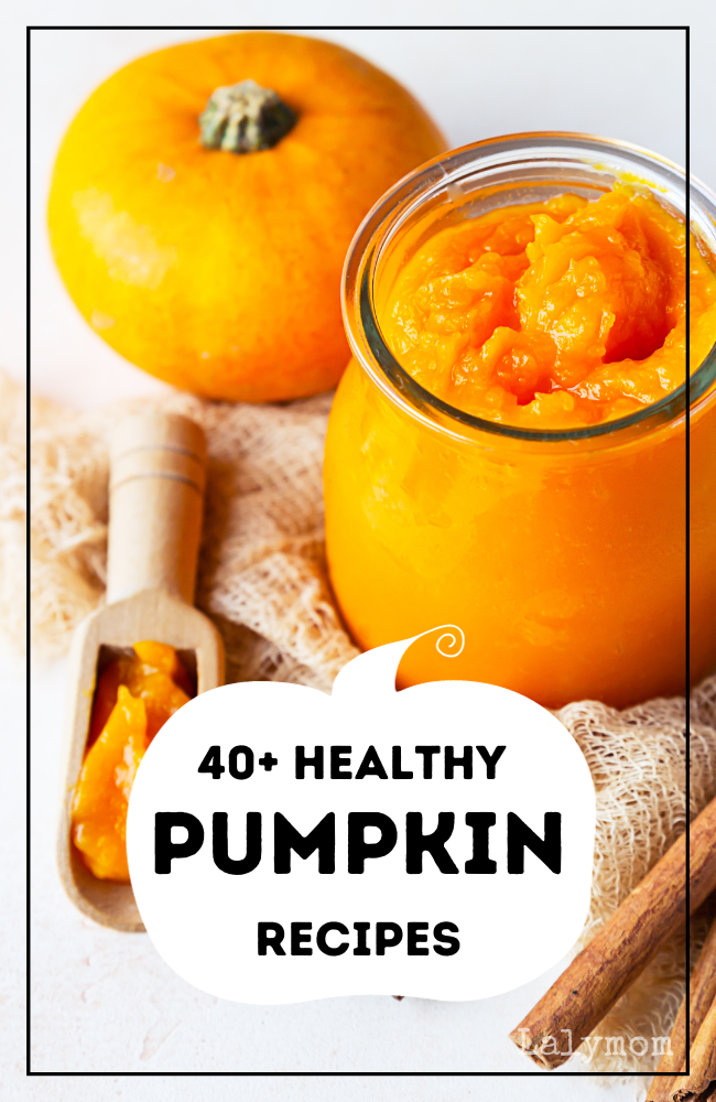 Photo of a pumpkin, a jar of pumpkin puree and a scoop of pumpkin puree. Text overlay reads 40+ Healthy Pumpkin Recipes