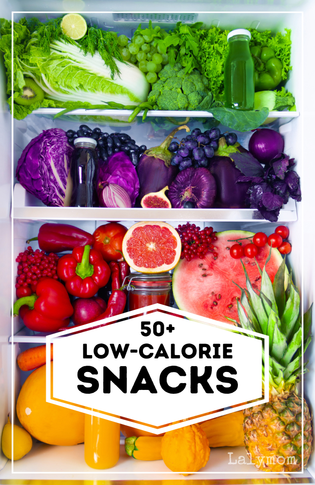 Photo of the shelves of a refrigerator filled with colorful fruits and vegetables. Text overlay reads 50+ Low-calorie Snacks. 