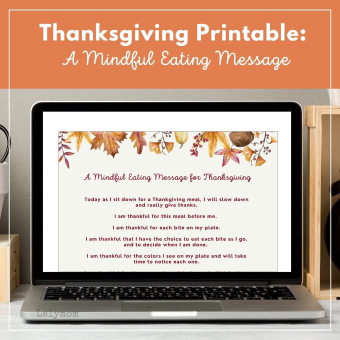 Image of a laptop computer with an image of a piece of paper titled, Mindful Eating Message.