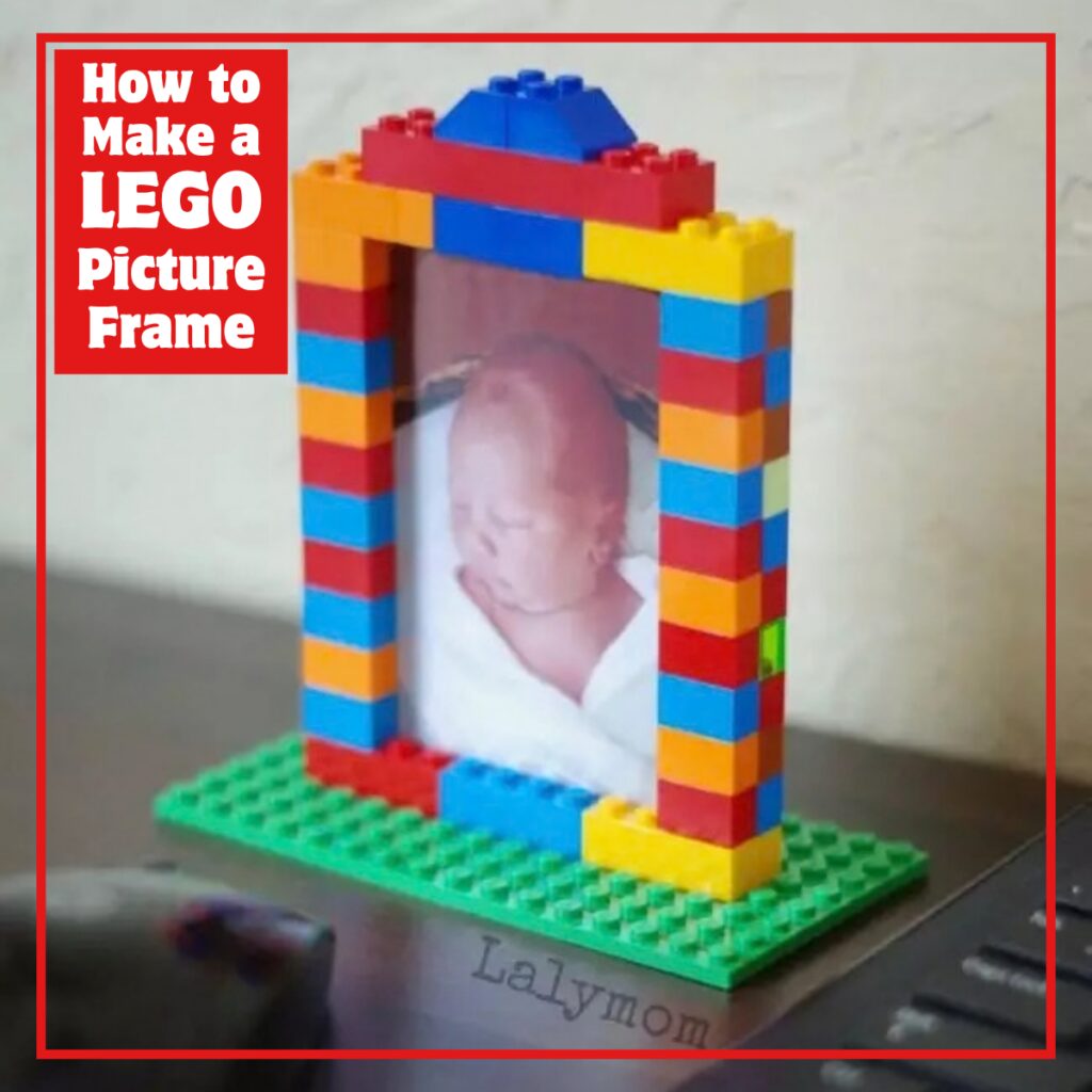 photo of a lego brick picture frame holding a photo of a baby. text reads how to make a LEGO picture frame