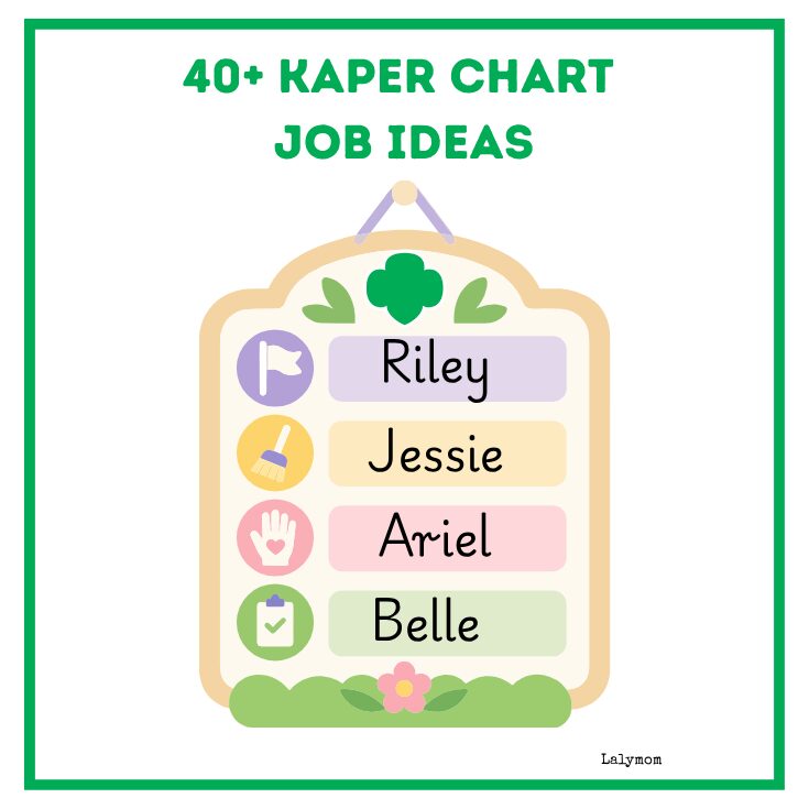 graphic of a chore chart with girls names on it. title in green says, "40+ Girl Scout Kaper Chart Job Ideas"