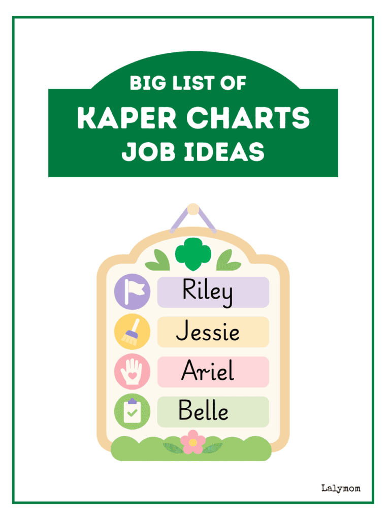 graphic of a chore chore with girls names on it. title in green says, "Big List of Girl Scout Kaper Chart Job Ideas"